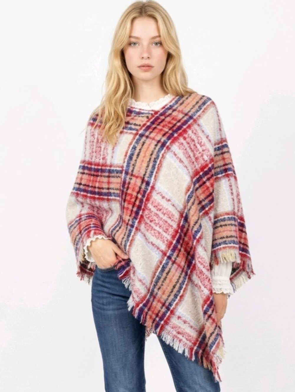 LIB One Size Fits Most Lightweight Acrylic Plaid Poncho